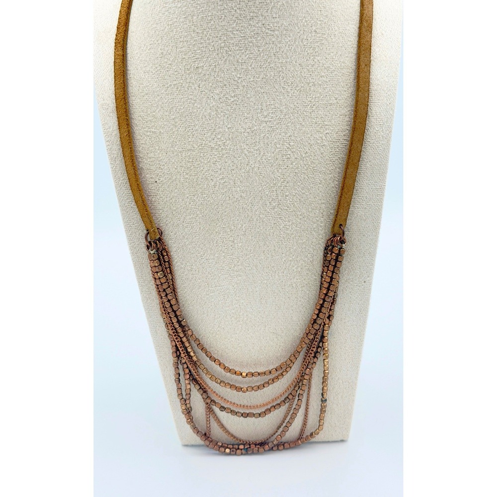 Copper Tone Layered Necklace 8 Strand Beads Chain Leather Cord Boho Jewelry